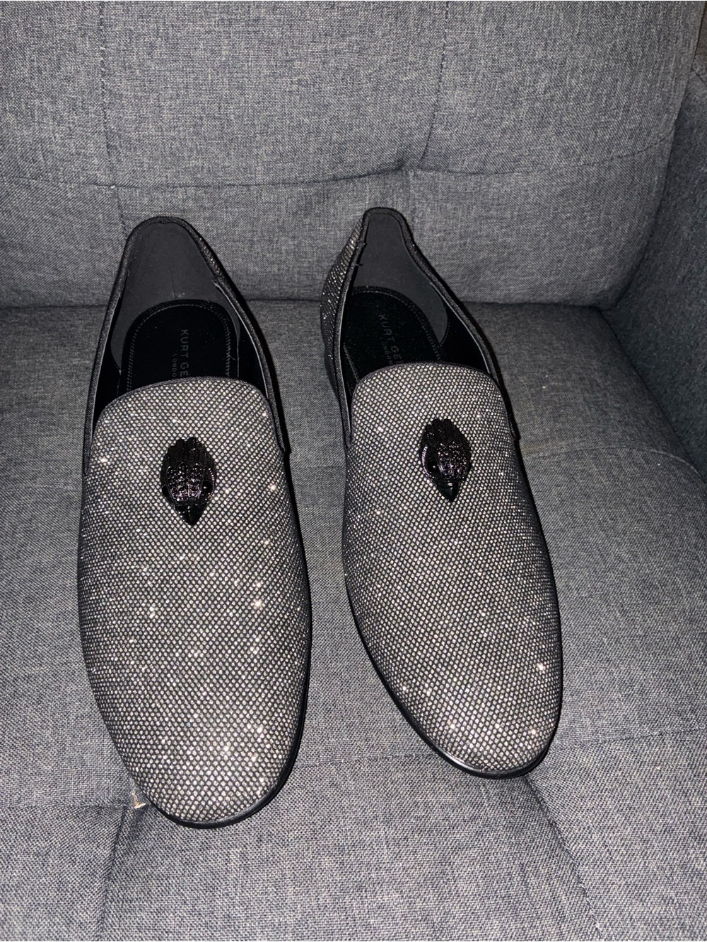 Kurt Geiger Black Sparkle Slip-On Loafers with Embellished Crest